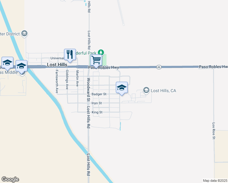 map of restaurants, bars, coffee shops, grocery stores, and more near 21358 Badger Street in Lost Hills