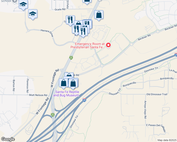 map of restaurants, bars, coffee shops, grocery stores, and more near 5400 Beckner Road in Santa Fe