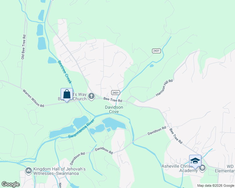 map of restaurants, bars, coffee shops, grocery stores, and more near 551 Bee Tree Road in Swannanoa