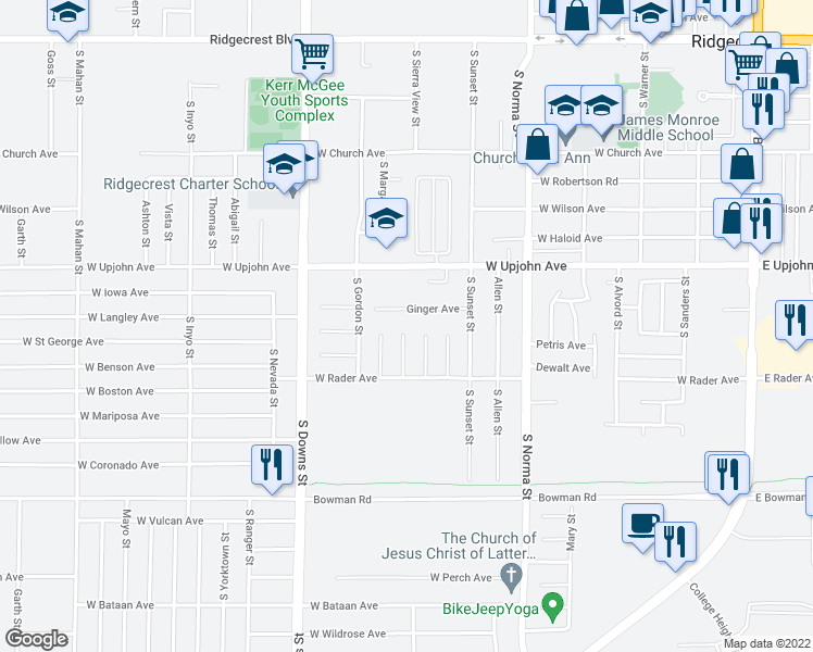 map of restaurants, bars, coffee shops, grocery stores, and more near 600 Heather Court in Ridgecrest
