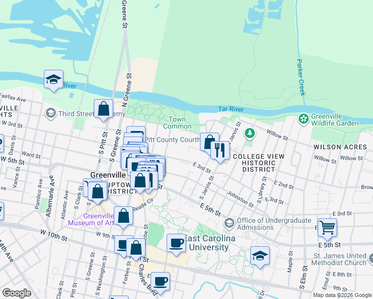 map of restaurants, bars, coffee shops, grocery stores, and more near 404 East 2nd Street in Greenville