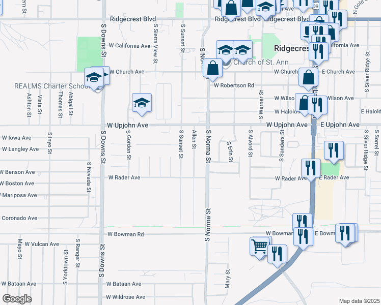 map of restaurants, bars, coffee shops, grocery stores, and more near 605 Allen Street in Ridgecrest