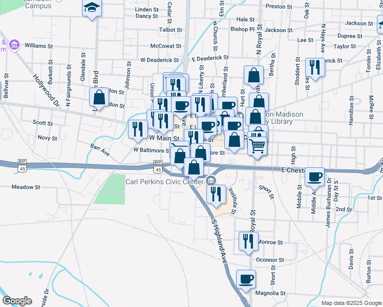 map of restaurants, bars, coffee shops, grocery stores, and more near 112 East Baltimore Street in Jackson