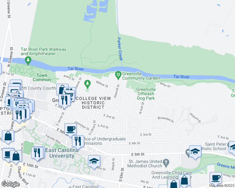 map of restaurants, bars, coffee shops, grocery stores, and more near 120 North Meade Street in Greenville