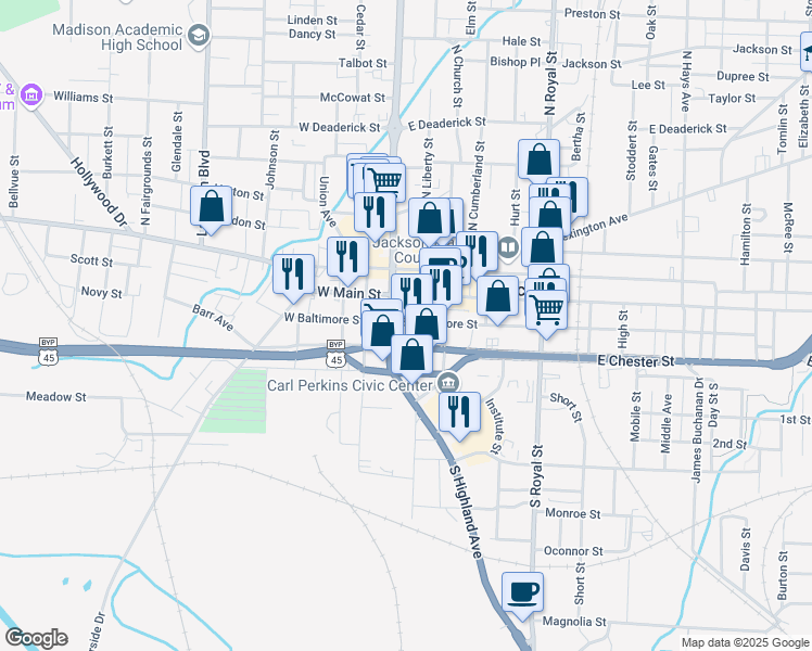 map of restaurants, bars, coffee shops, grocery stores, and more near 112 East Baltimore Street in Jackson