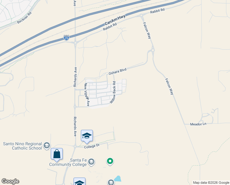 map of restaurants, bars, coffee shops, grocery stores, and more near 44 Willow Back Road in Santa Fe