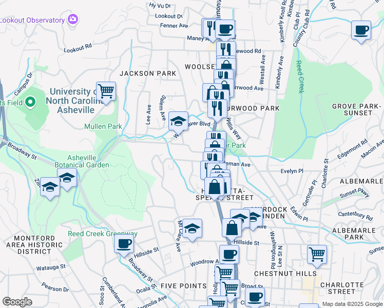 map of restaurants, bars, coffee shops, grocery stores, and more near 37 King Street in Asheville