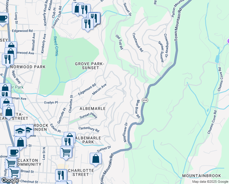 map of restaurants, bars, coffee shops, grocery stores, and more near 25 Howland Road in Asheville