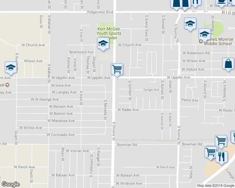 map of restaurants, bars, coffee shops, grocery stores, and more near 828 Janelle Court in Ridgecrest