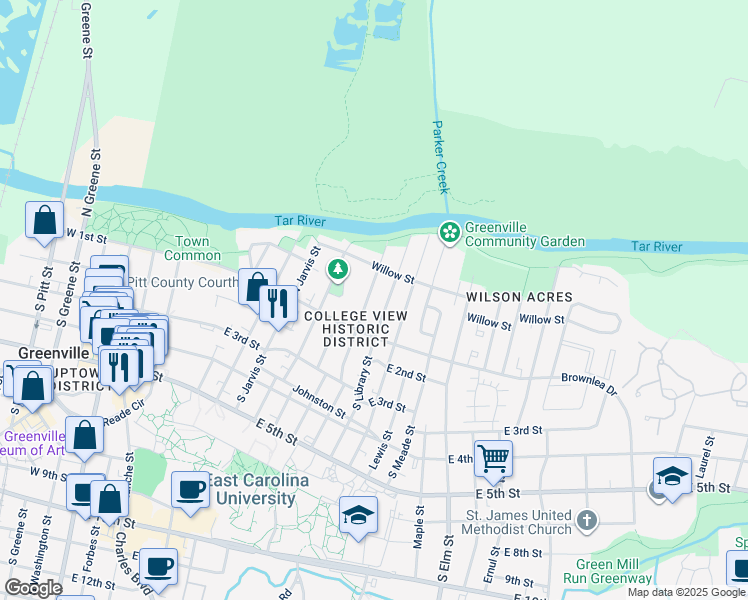 map of restaurants, bars, coffee shops, grocery stores, and more near 114 North Harding Street in Greenville