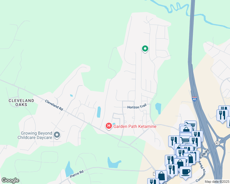 map of restaurants, bars, coffee shops, grocery stores, and more near 201 Davelyn Court in Garner