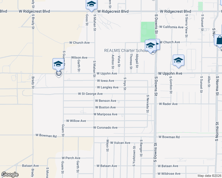 map of restaurants, bars, coffee shops, grocery stores, and more near 1144 West Saint George Avenue in Ridgecrest