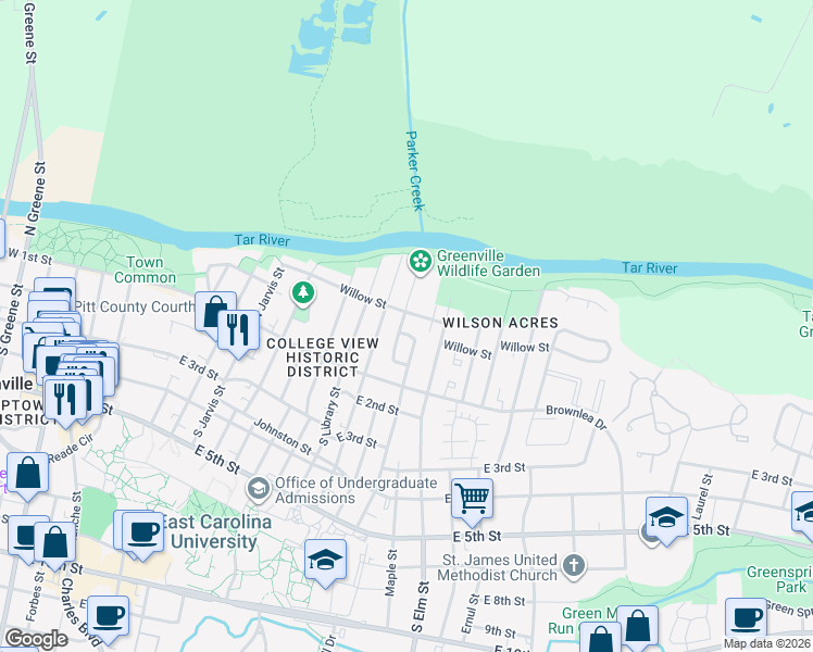 map of restaurants, bars, coffee shops, grocery stores, and more near 110 Stancill Drive in Greenville