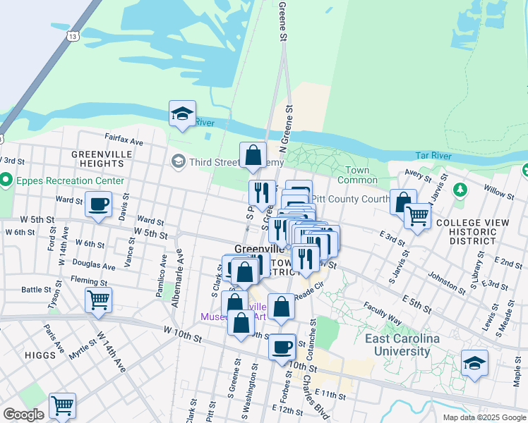map of restaurants, bars, coffee shops, grocery stores, and more near 302 South Greene Street in Greenville