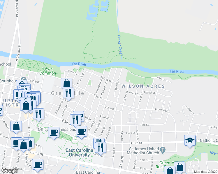 map of restaurants, bars, coffee shops, grocery stores, and more near 121 North Eastern Street in Greenville