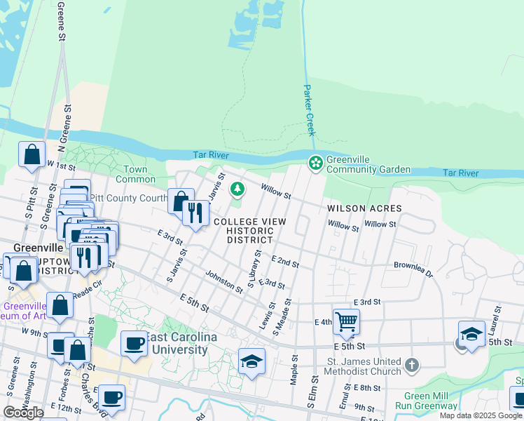 map of restaurants, bars, coffee shops, grocery stores, and more near 114 North Harding Street in Greenville
