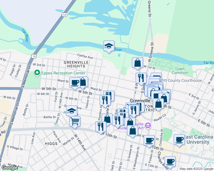 map of restaurants, bars, coffee shops, grocery stores, and more near 407 Latham St in Greenville