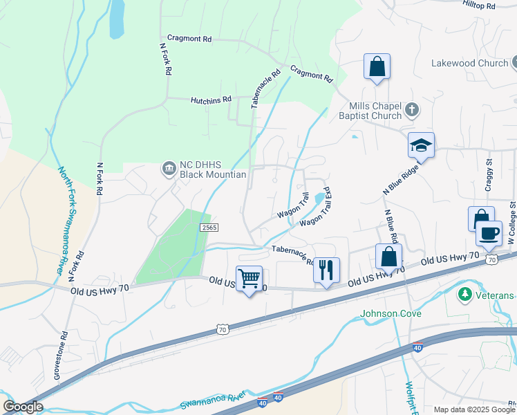 map of restaurants, bars, coffee shops, grocery stores, and more near 200 Tabernacle Road in Black Mountain