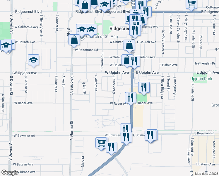 map of restaurants, bars, coffee shops, grocery stores, and more near 548 South Fairview Street in Ridgecrest