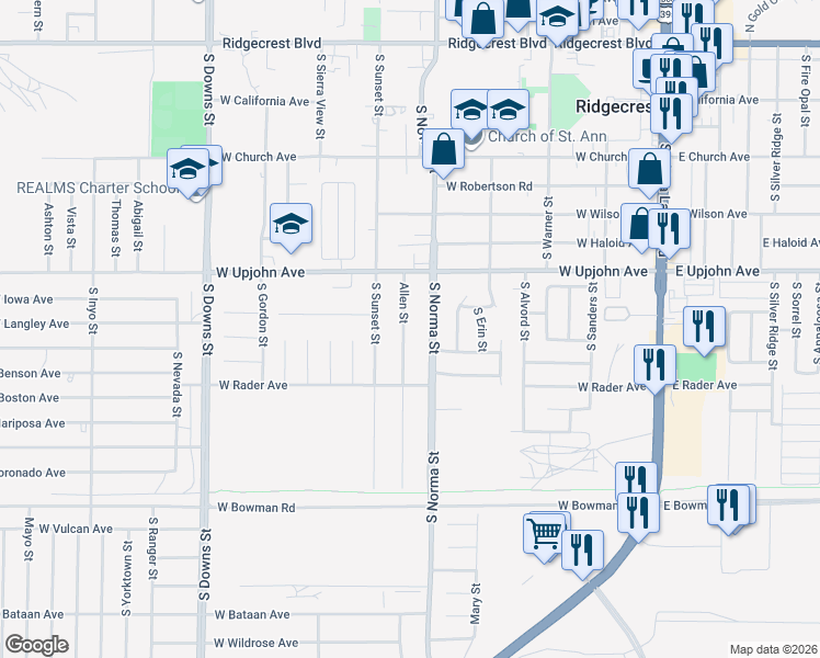 map of restaurants, bars, coffee shops, grocery stores, and more near 607 South Norma Street in Ridgecrest