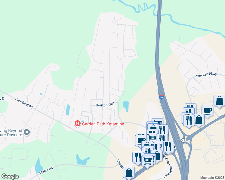 map of restaurants, bars, coffee shops, grocery stores, and more near 59 Marsh Creek Drive in Garner