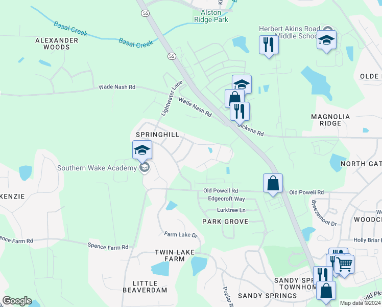 map of restaurants, bars, coffee shops, grocery stores, and more near 2132 Braedenfield Lane in Holly Springs