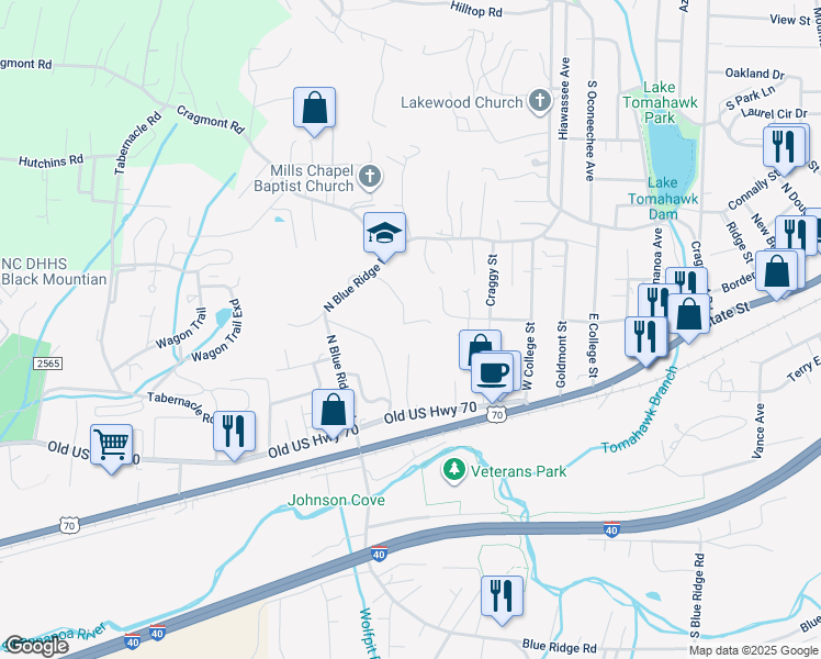 map of restaurants, bars, coffee shops, grocery stores, and more near 138 Carver Avenue in Black Mountain