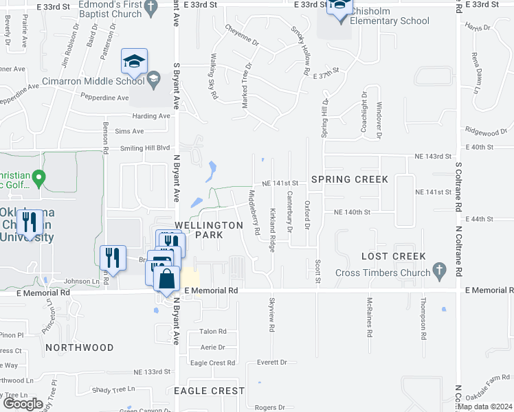 map of restaurants, bars, coffee shops, grocery stores, and more near 13924 Middleberry Road in Edmond