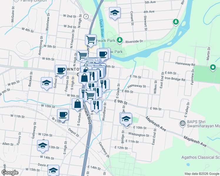map of restaurants, bars, coffee shops, grocery stores, and more near 203 East 8th Street in Columbia