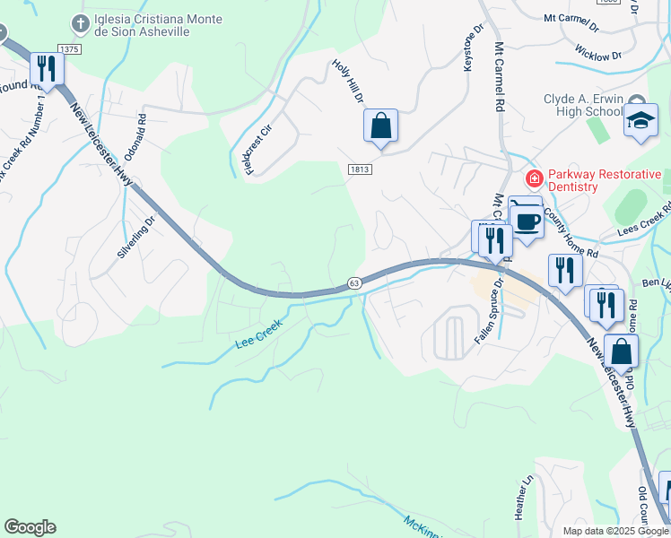 map of restaurants, bars, coffee shops, grocery stores, and more near 15 Pentland Hills Drive in Asheville