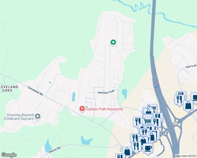 map of restaurants, bars, coffee shops, grocery stores, and more near 69 Beacon Way in Garner