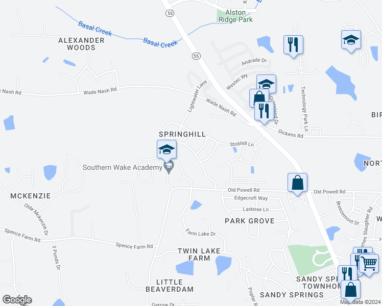map of restaurants, bars, coffee shops, grocery stores, and more near 454 Stobhill Lane in Holly Springs