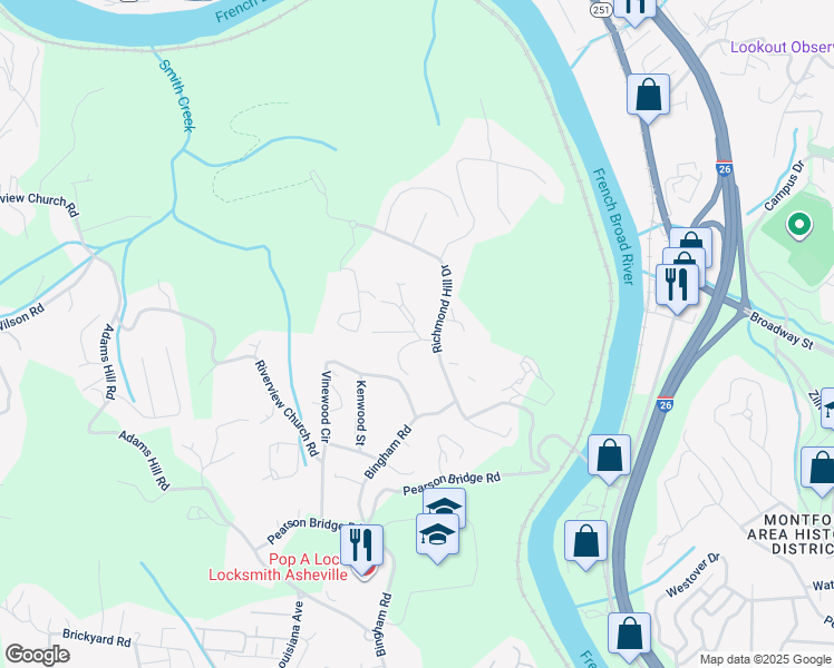 map of restaurants, bars, coffee shops, grocery stores, and more near 45 Richmond Hill Road in Asheville