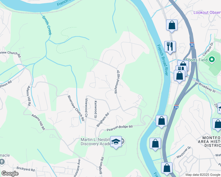 map of restaurants, bars, coffee shops, grocery stores, and more near 45 Richmond Hill Road in Asheville