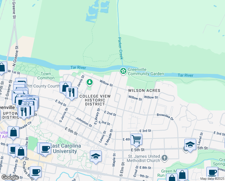 map of restaurants, bars, coffee shops, grocery stores, and more near 122 North Eastern Street in Greenville