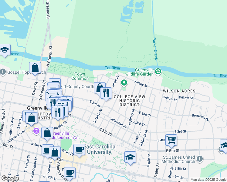 map of restaurants, bars, coffee shops, grocery stores, and more near 703 East 1st Street in Greenville