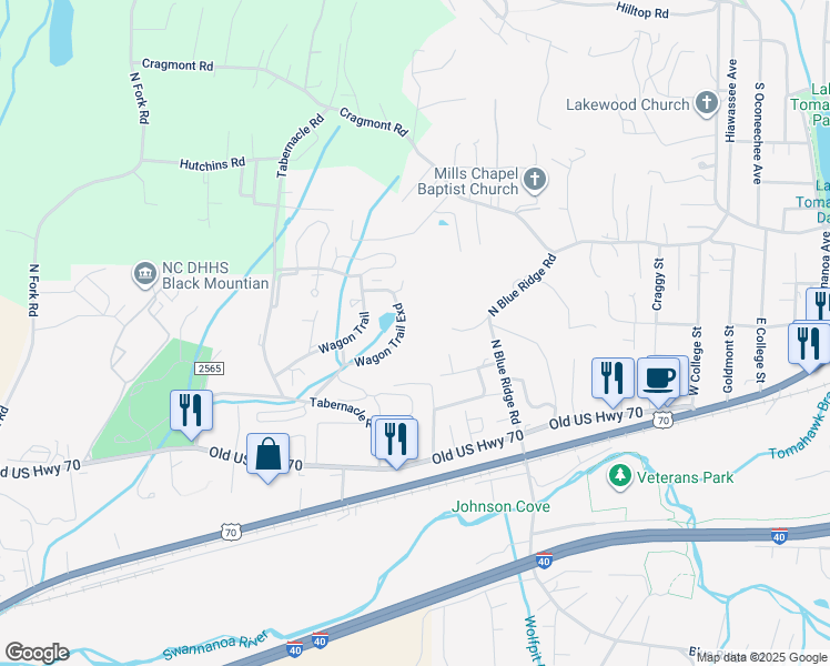 map of restaurants, bars, coffee shops, grocery stores, and more near Wagon Trail in Black Mountain