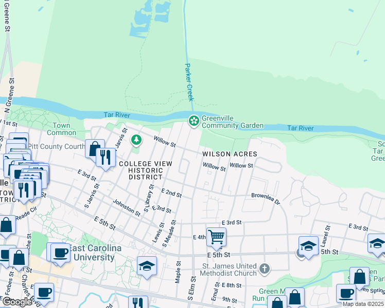 map of restaurants, bars, coffee shops, grocery stores, and more near 1308 Willow Street in Greenville