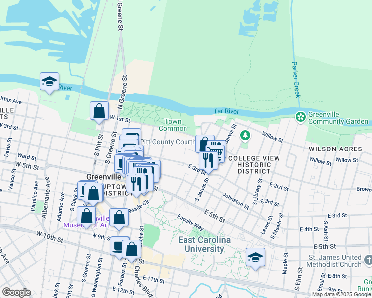 map of restaurants, bars, coffee shops, grocery stores, and more near 402a East 2nd Street in Greenville