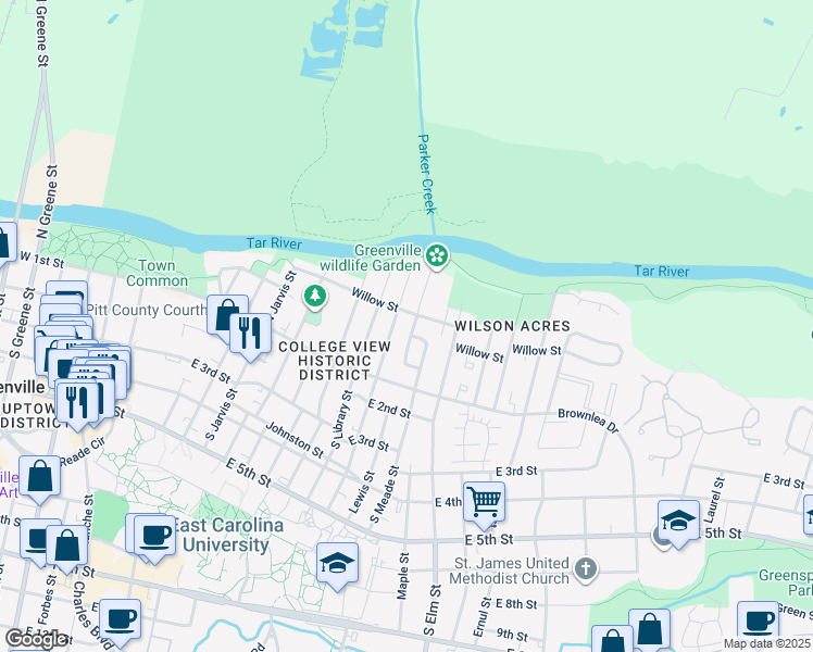 map of restaurants, bars, coffee shops, grocery stores, and more near 115 Stancill Drive in Greenville
