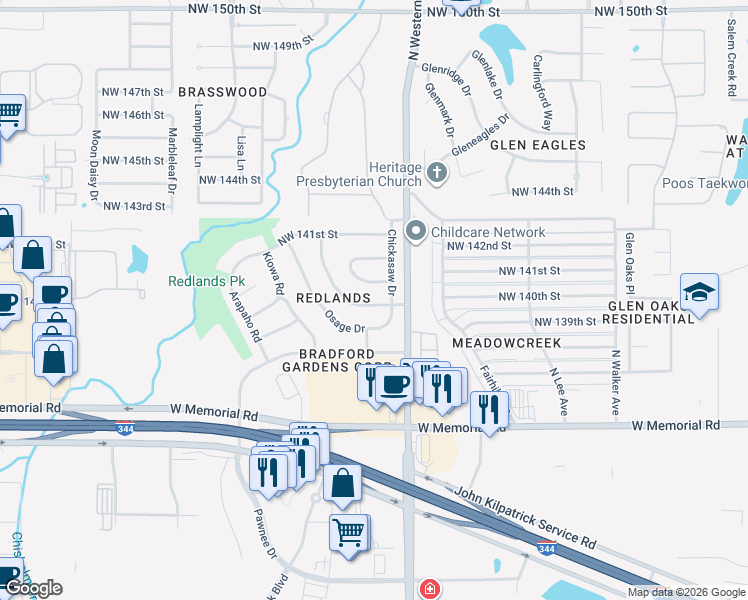map of restaurants, bars, coffee shops, grocery stores, and more near 14009 Apache Drive in Edmond