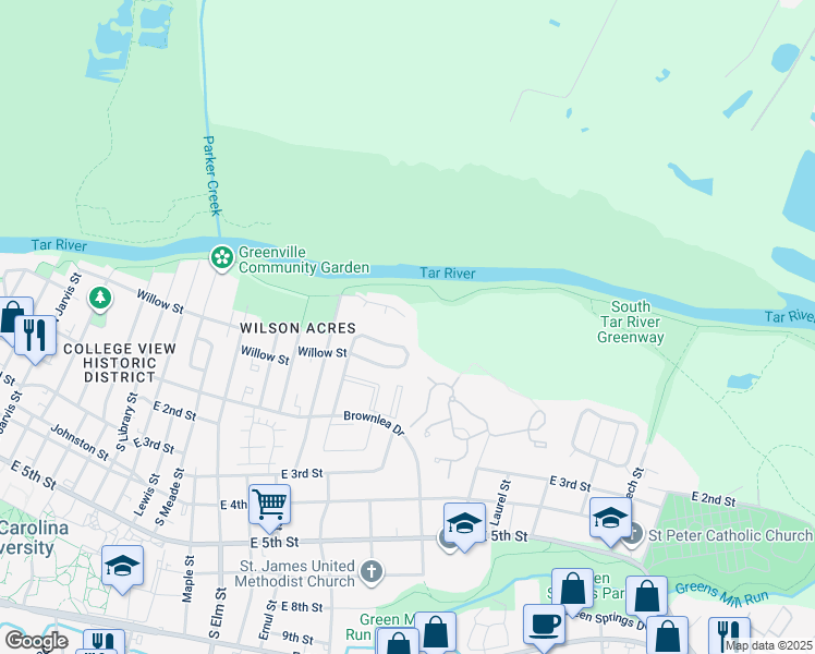 map of restaurants, bars, coffee shops, grocery stores, and more near 2006 River Drive in Greenville