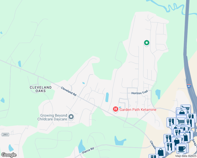map of restaurants, bars, coffee shops, grocery stores, and more near 13340 Cleveland Road in Garner