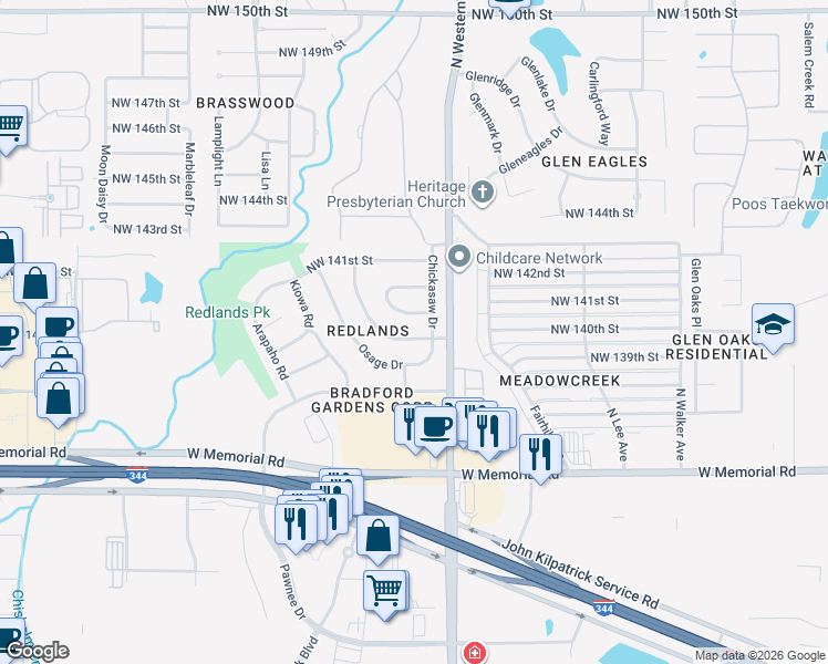 map of restaurants, bars, coffee shops, grocery stores, and more near 14009 Apache Drive in Edmond
