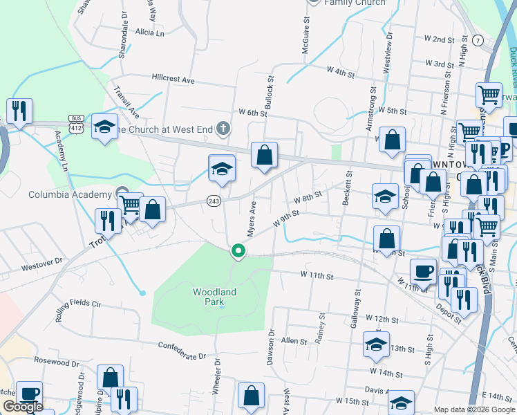 map of restaurants, bars, coffee shops, grocery stores, and more near 912 Myers Avenue in Columbia