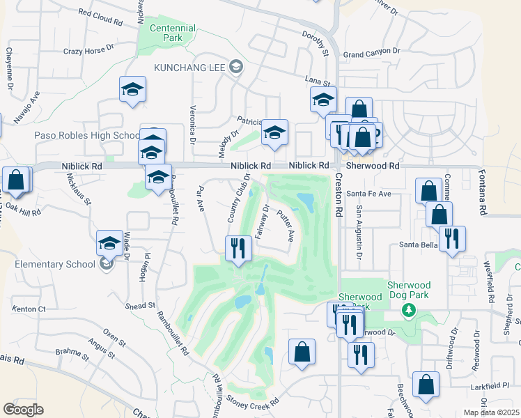 map of restaurants, bars, coffee shops, grocery stores, and more near 1516 Fairway Drive in Paso Robles
