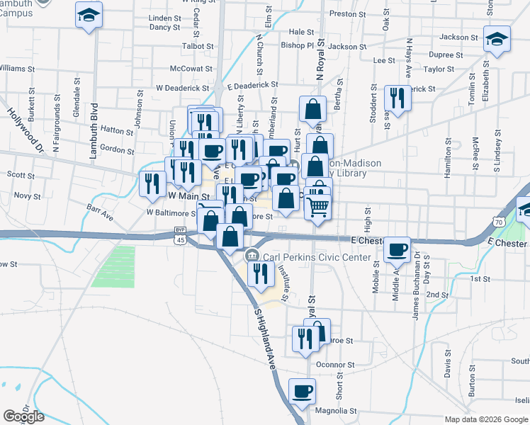 map of restaurants, bars, coffee shops, grocery stores, and more near 309 East Baltimore Street in Jackson