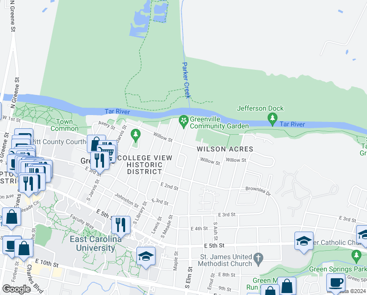 map of restaurants, bars, coffee shops, grocery stores, and more near 112 Stancill Drive in Greenville