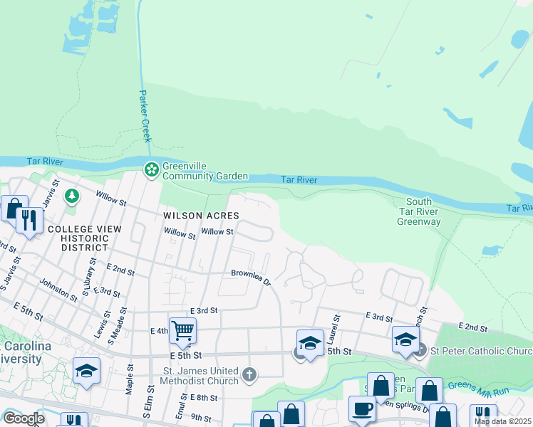 map of restaurants, bars, coffee shops, grocery stores, and more near 208 Wyndham Circle in Greenville