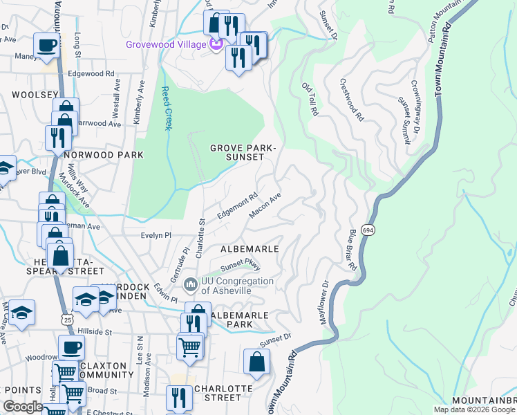 map of restaurants, bars, coffee shops, grocery stores, and more near 2 Howland Road in Asheville